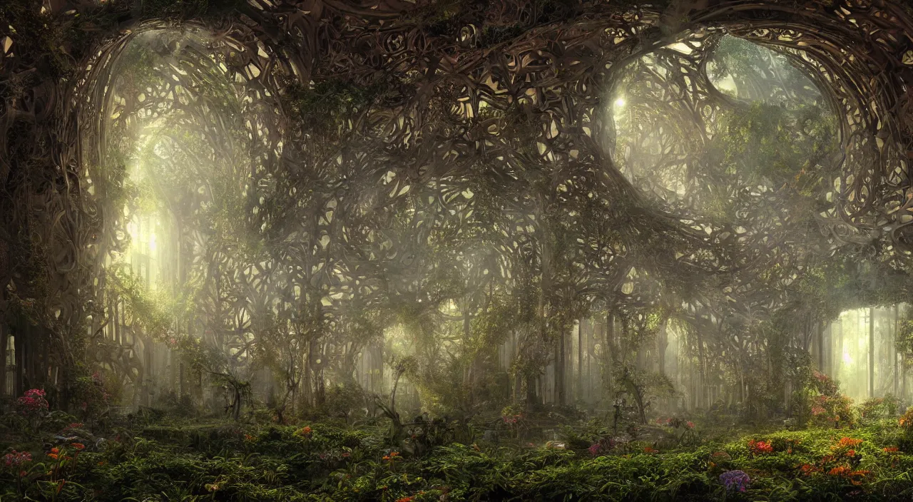 Prompt: ancient structure, large illuminated gateway, fractal structure, cellular biology, thick forest, many flowers by glenn small, by ernst haeckel, by albert bierstadt, photorealistic, zaha hadid, god rays, volumetric lighting, detailed, intricate, delicate, raytrace, octane, light fog, neon, bladerunner