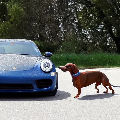 Prompt: dachshund driving a Porsche