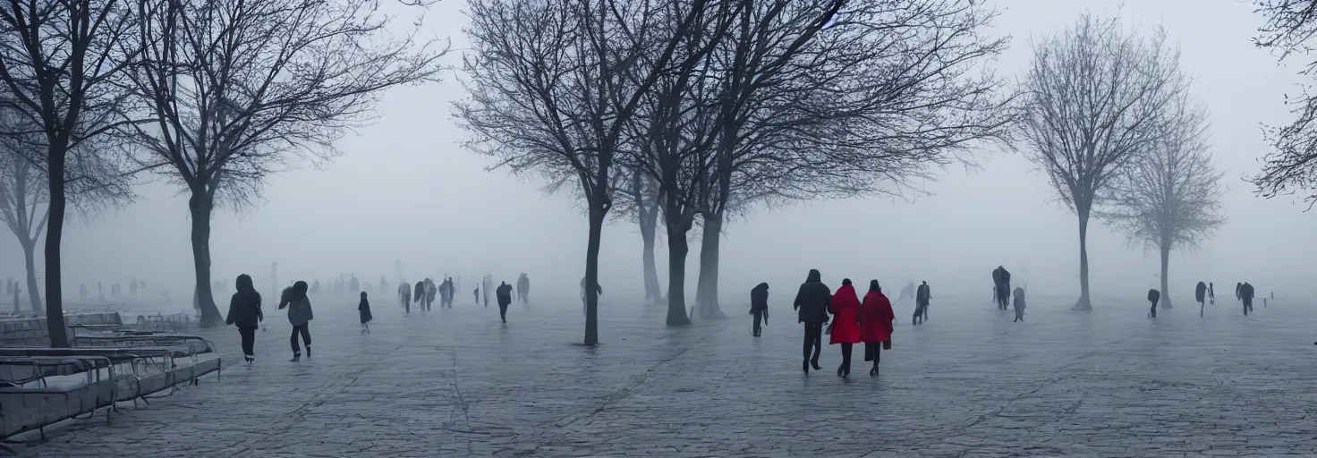 Prompt: Bucharest center in winter at dawn with people walking, mist, very very very very very very beautiful