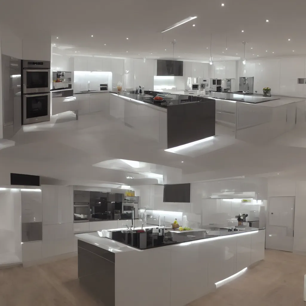 Image similar to modern kitchen with led strip lighting, homes and gardens, super detailed render, award winning,