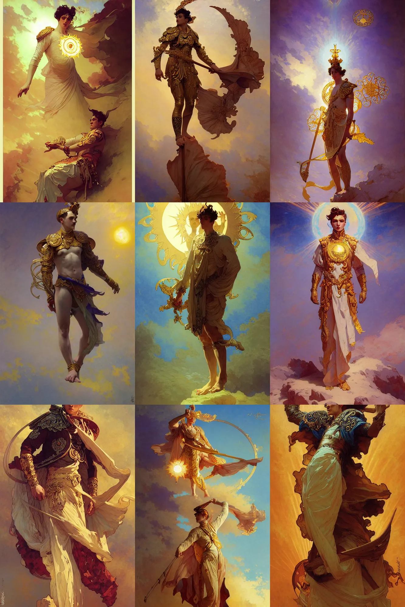 Prompt: young male god of the sun, art nouveau outfit, fantasy, art by joseph leyendecker, peter mohrbacher, ivan aivazovsky, ruan jia, reza afshar, marc simonetti, alphonse mucha