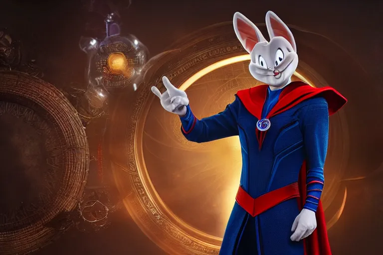 Prompt: reallistic CGI of bugs bunny as Doctor Strange. cinematic, hyper realism, high detail, 8k, Vibrant colors, Smooth gradients, High contrast, depth of field