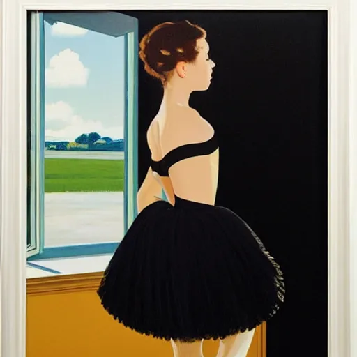 Image similar to artwork painting of a ballet dancer in a black tutu standing in front of a window with perfect blue sky by jack vettriano h 6 4 0