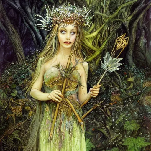 Image similar to fey queen of the summer forest, dress of leaves, fine features, holding a golden scepter, thin, young, silver shimmering hair, by brian froud, dusk scene, night colors, oil on canvas, oil panting