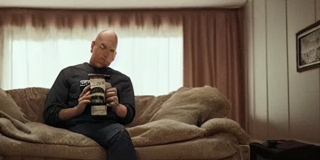 Image similar to full distant shot of sad bald poor dirty elon musk drinking a can of beer in the couch while watching tv in a dirty house, very realistic photograph, cinematic lighting, dardenne brothers