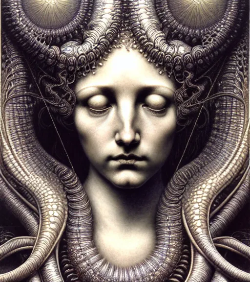 Image similar to detailed realistic beautiful platinum goddess face portrait by jean delville, gustave dore, iris van herpen and marco mazzoni, art forms of nature by ernst haeckel, art nouveau, symbolist, visionary, gothic, neo - gothic, pre - raphaelite, fractal lace, intricate alien botanicals, biodiversity, surreality, hyperdetailed ultrasharp octane render