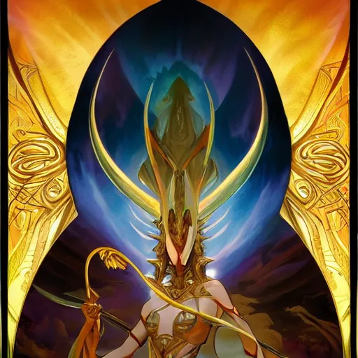 Image similar to the second nicol bolas, in the style of magic the gathering, art by artgerm and greg rutkowski and alphonse mucha, cosmic, heavenly, god rays, intricate detail, cinematic, 8 k, cel shaded, unreal engine, featured on artstation, pixiv