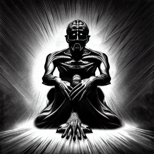 Image similar to highly detailed dark god sit on the tron, night, death, fear, horror, religion, monochrome, caravaggio, hyperrealism, detailed and intricate environment