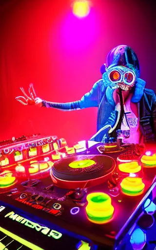 Image similar to award winning photo of an octopus! as a dj with tentacles! simultaneously placed turntables cdjs and knobs of a pioneer dj mixer. sharp, blue and fuschia colorful lighting, in front of a large crowd, studio, medium format, 8 k detail, volumetric lighting, wide angle, at an outdoor psytrance festival main stage at night