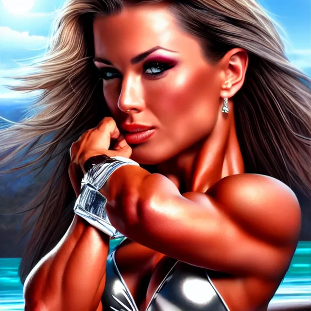 Prompt: ifbb bikini model, chrome, highly detailed, 4 k, hdr, smooth, sharp focus, high resolution, award - winning photo, artgerm, photorealistic