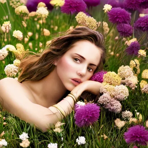 Prompt: photorealistic digital portrait of cute girl model, hair of flowers, in a gold bathtub full of flowers, natural lighting, 5 0 mm still image, artistic, award winning, elegant, by annie leibovitz