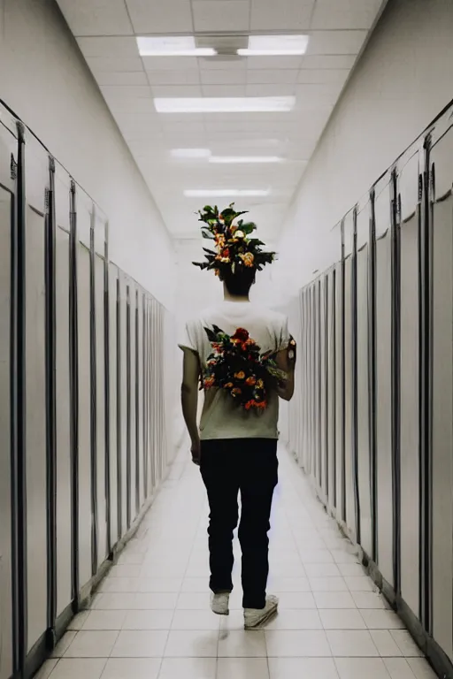 Prompt: kodak portra 4 0 0 photograph of a guy wearing a flower crown in a empty school hallway lined with lockers, back view, lens flare, moody lighting, moody vibe, telephoto, 9 0 s vibe, blurry background, grain, tranquil, calm, faded!,