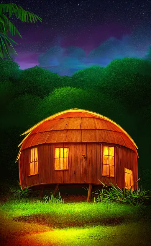 Prompt: highly detailed realistic photo of glowing hut in the middle of dark jungle at night, vibrant colors, award winning masterpiece photography, hyper realistic, concept art, 8 k detail post - processing