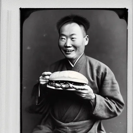 Prompt: a photo of a happy man from qing empire holding a hamburger, award winning photo, high quality, 1 9 th century photo, highly detailed, black and white