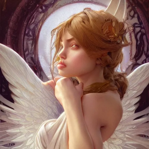 Image similar to ultra realistic illustration, oliva wilde angel anime, intricate, elegant, highly detailed, digital painting, artstation, concept art, smooth, sharp focus, illustration, art by artgerm and greg rutkowski and alphonse mucha