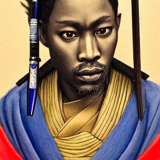 Image similar to oscar ukonu, beautiful samurai made with blue african ball point pen