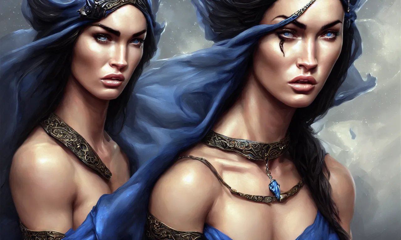 Image similar to ! dream portrait of megan fox blindfolded, muscular upper body, collar, greek, jewelry, blue dress, fantasy, intricate, elegant, highly detailed, digital painting, artstation, concept art, matte, sharp focus, illustration, art by aenaluck and roberto ferri and greg rutkowski, epic fantasy, digital painting