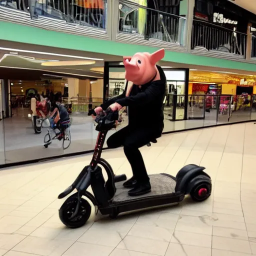 Image similar to photo of a anthropomorphic pig on a mobility scooter in a mall