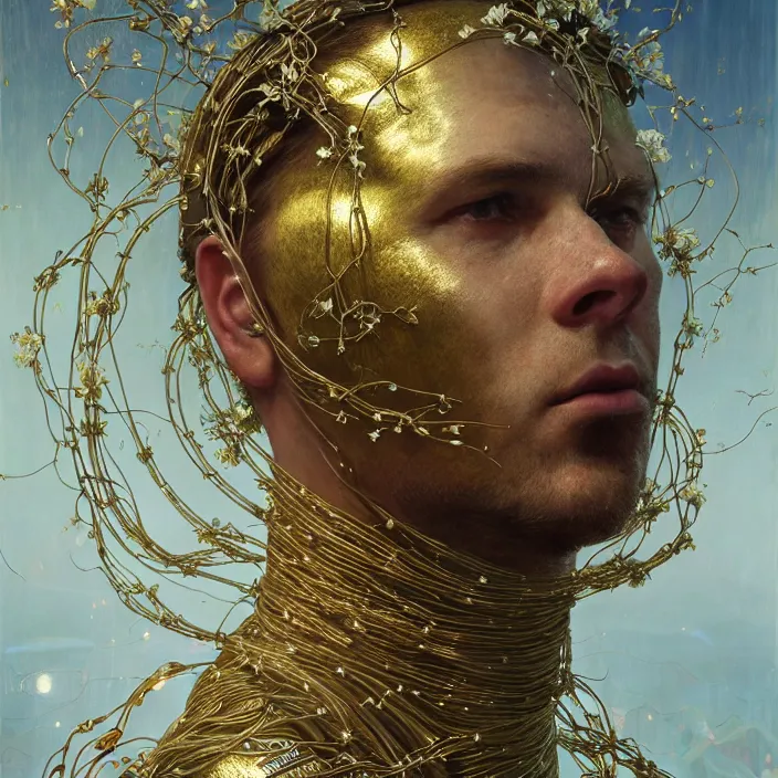 Prompt: hyperrealist portrait of a 2 0 4 4 space sport ironman, it is decorated with long gold wires and white flowers that fall like vines and wears a huge computer crown. by jeremy mann and alphonse mucha, fantasy art, photo realistic, dynamic lighting, artstation, poster, volumetric lighting, dramatic light, very detailed faces, 8 k, award winning