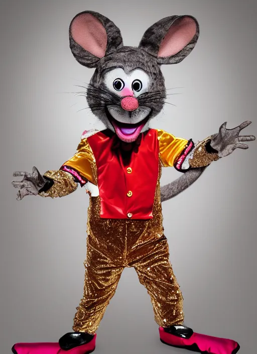 Image similar to Chuck E. Cheese mascot high quality 2013 circus portrait of an anthropomorphic rat animatronic dressed like a clown, professional portrait, Chuck E. Cheese head, authentic, mouse character, costume weird creepy, off putting, nightmare fuel, Chuck E. Cheese, abandoned building,