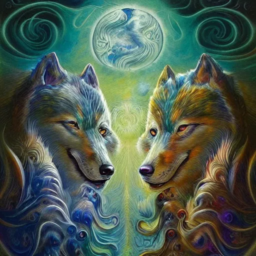 Image similar to enlightened pack of spirit wolves made out of nature by MICHAEL DIVINE and by AMANDA SAGE in the style of oil painting visionary art, trending on artstation, very coherent