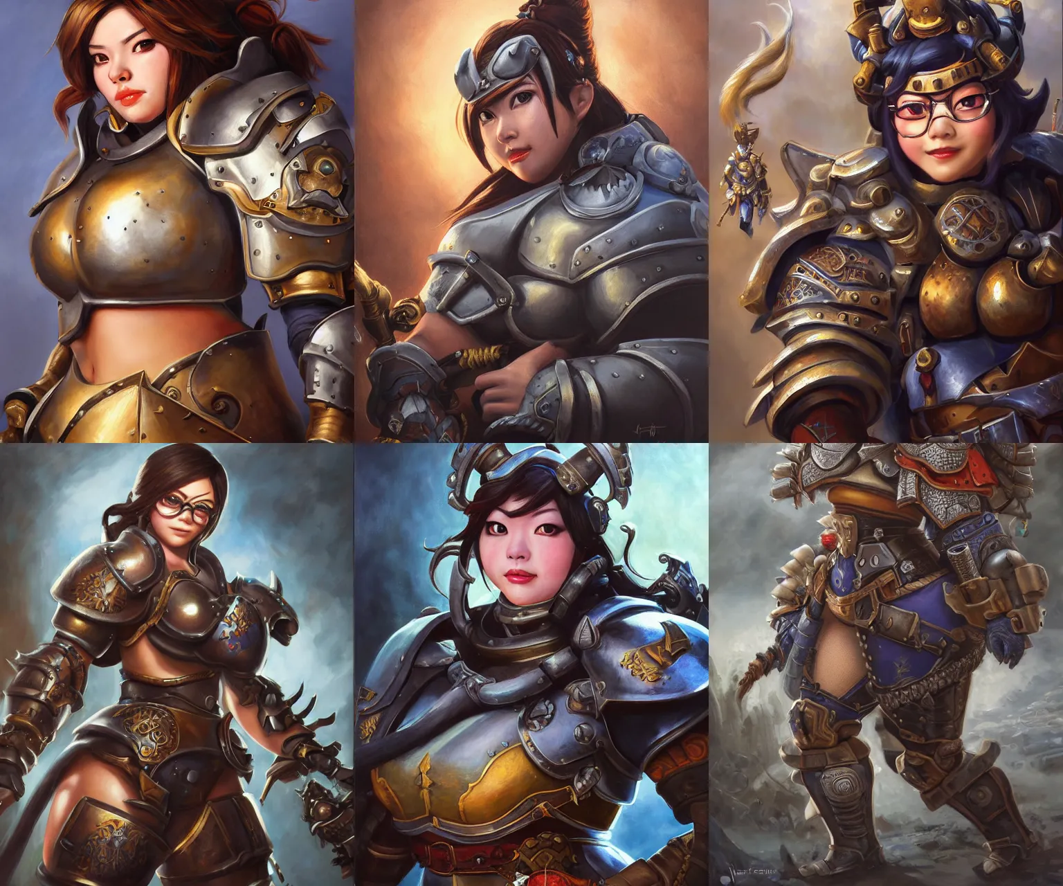 Prompt: detailed portrait of mei from overwatch as a robust heavily armored medieval warrior, intricate, hyper detailed, realistic, oil painting, by jeff easley, julie bell, cinematic lighting, 80's pinup fantasy illustration, thich dark iron armor