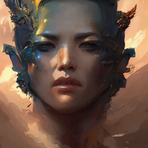 Image similar to god emperess kim yo jong in the style of craig mullins, greg rutkowski, peter mohrbacher, and drew struzan. epic, majestic, awe inspiring, god rays, fissures, divine, church painting, intricate armor, extreme detail, high octane,