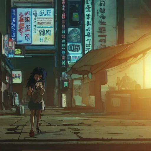 Image similar to incredible wide screenshot, ultrawide, simple watercolor, rough paper texture, ghost in the shell movie scene, backlit distant shot of girl in a parka running from a giant robot invasion side view, yellow parasol in deserted dusty shinjuku junk town, broken vending machines, bold graphic graffiti, old pawn shop, bright sun bleached ground, mud, fog, dust, windy, scary robot monster lurks in the background, ghost mask, teeth, animatronic, black smoke, pale beige sky, junk tv, texture, brown mud, dust, tangled overhead wires, telephone pole, dusty, dry, pencil marks, genius party,shinjuku, koji morimoto, katsuya terada, masamune shirow, tatsuyuki tanaka hd, 4k, remaster, dynamic camera angle, deep 3 point perspective, fish eye, dynamic scene