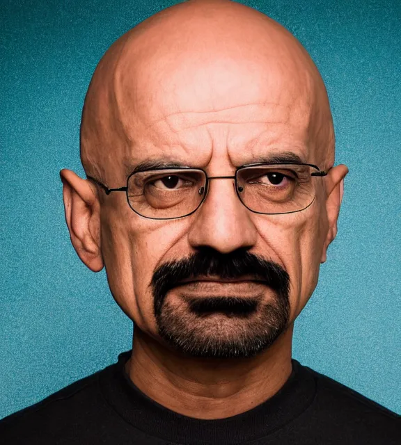 Image similar to Indian Walter white, portrait photo, smirk, mysterious , 85mm, teal studio backdrop, Getty images