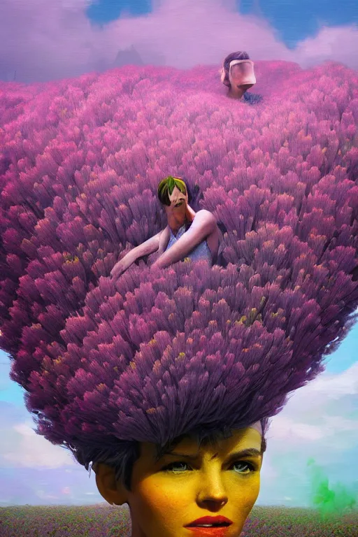 Prompt: closeup, giant flowers head mohawk, a woman in a heather field, surreal photography, starlight, storm clouds, impressionist painting, digital painting, artstation, simon stalenhag