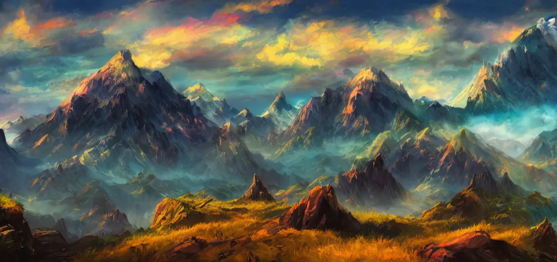 Image similar to vast mountain landscape, craggy mountains, magic the gathering, three - colors, three - color color palette, panoramic, wide angle, horizon, highly detailed