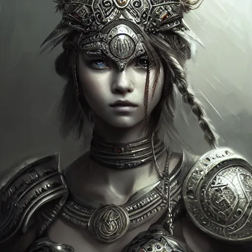 Image similar to beautiful extremely detailed intricate concept art depicting a warrior by wlop. shining jewelry. grey atmosphere. bcy. net