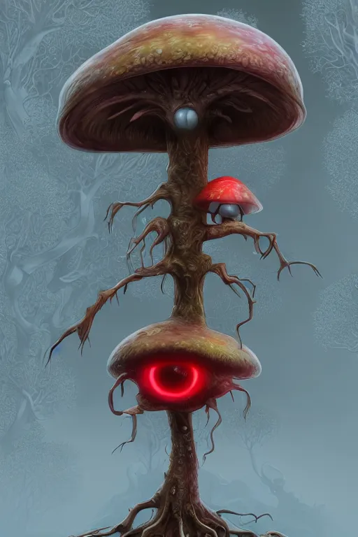 Image similar to a humanoid figure mushroom monster with large glowing eyes, highly detailed, digital art, sharp focus, trending on art station, fungus spores, anime art style