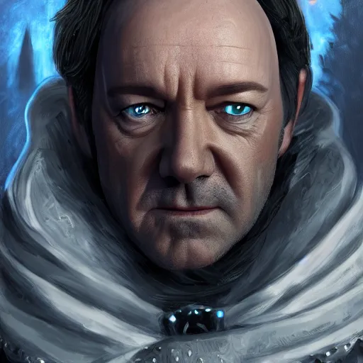 Image similar to Illustration of Kevin Spacey as the Lich King, dark atmosphere, angry look, gta 5 cover style, highly detailed, digital painting, Trending on artstation , HD quality, by Glenn Rane and Samwise Didier, dramatic light, octane