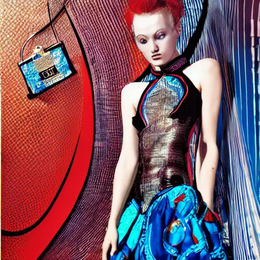 Image similar to A fashion model in dress with a print of a female body, in year 3000, Jean Paul Gaultier editorial, highly detailed