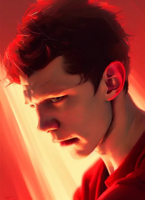 Image similar to portrait of tom holland, hazel eyes, red shirt, intricate, elegant, glowing lights, highly detailed, digital painting, artstation, concept art, smooth, sharp focus, illustration, art by wlop, mars ravelo and greg rutkowski