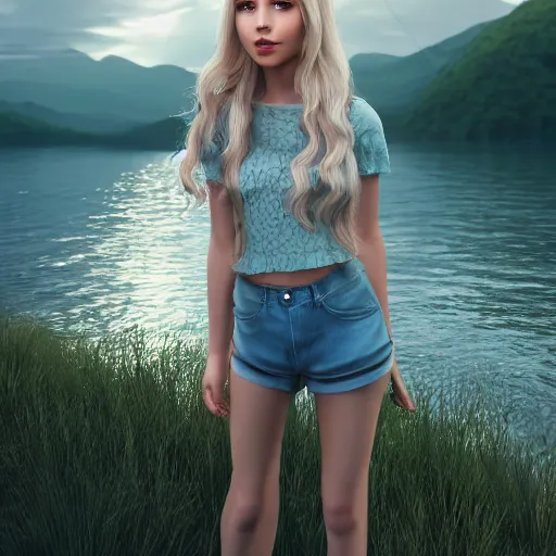 Image similar to a very beautiful russian girl, full body, long wavy blond hair, sky blue eyes, full round face, short smile, cute top, short jeans, summer lake setting, cinematic lightning, medium shot, mid-shot, highly detailed, trending on Artstation, Unreal Engine 4k, cinematic wallpaper by Stanley Artgerm Lau, WLOP, Rossdraws, James Jean, Andrei Riabovitchev, Marc Simonetti, and Sakimichan