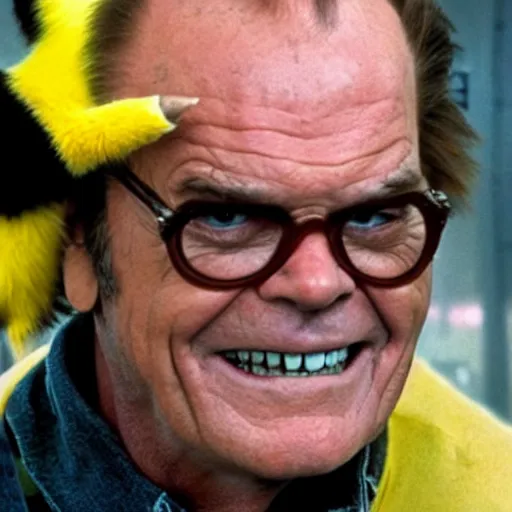 Image similar to Jack Nicholson plays Terminato and he shoots Pikachu, yellow fur explodes