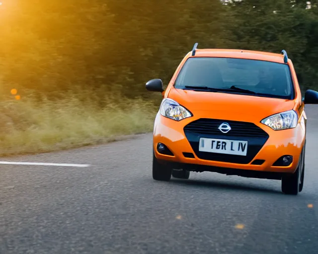 Prompt: border collie dog in the driver's seat of an orange nissan note, paws on wheel, car moving fast, rally driving photo, award winning photo, golden hour, front of car angle, extreme horizontal blur, 3 0 0 mm lens