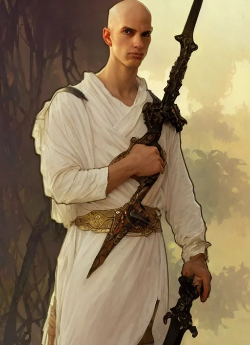 Prompt: a young man with wide, intense eyes. he is bald and clean shaven, dressed entirely in white and holding a huge sword. painting by artgerm and greg rutkowski and alphonse mucha