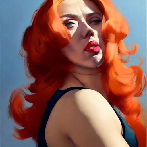 Image similar to greg manchess portrait of scarlett johansson as thick very muscular weightlifter with red hair and black lips, eyes closed, medium shot, asymmetrical, profile picture, organic painting, sunny day, matte painting, bold shapes, hard edges, street art, trending on artstation, by huang guangjian and gil elvgren and sachin teng