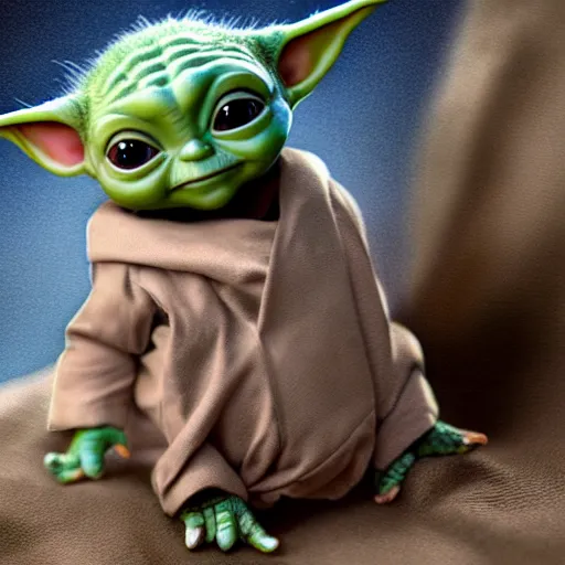 Image similar to full body pose, hyperrealistic photograph of baby yoda in a bikini, dim volumetric lighting, 8 k, octane beautifully detailed render, extremely hyper detailed, intricate, epic composition, cinematic lighting, masterpiece, trending on artstation, very very detailed, stunning, hdr, smooth, sharp focus, high resolution, award, winning photo, dslr, 5 0 mm