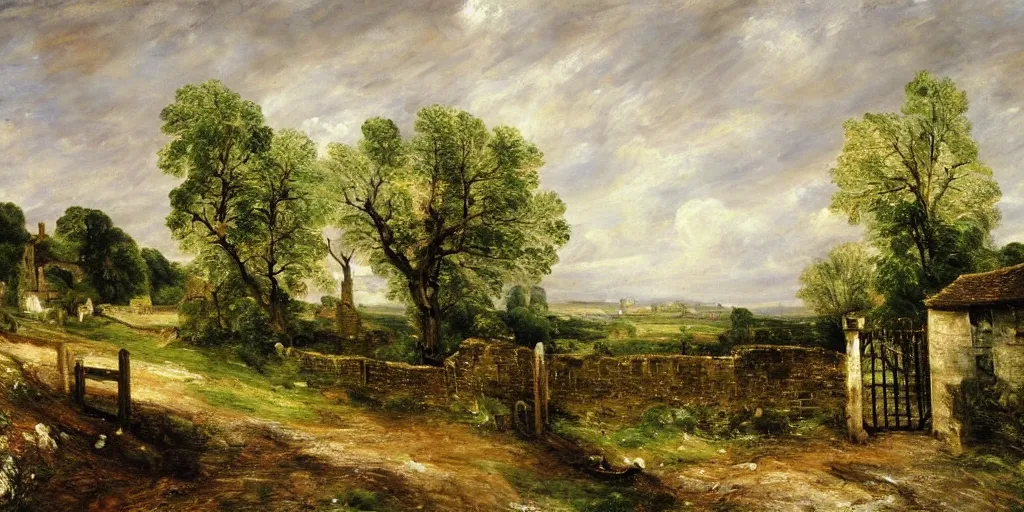 Image similar to a beautiful landscape painting of a quaint english countryside with a stone wall and gate, by john constable, oil on canvas, highly detailed, hd, 4 k