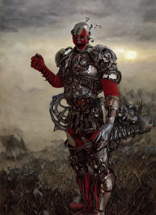 Image similar to portrait of a diabolical cyborg clown warrior, torn cape, adaptive armor, dynamic pose, heavy eyes to the side, ancient ruins, glowing veins subsurface scattering, in clouds, sunset, portrait, by gerald brom, by mikhail vrubel, by peter elson, muted colors, extreme detail, reflections, trending on artstation, 8 k