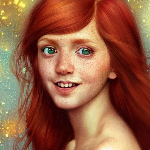 Prompt: a highly detailed, hyper realistic, red haired young woman, among golden fireflies, with long hair, green eyes, hint of freckles, round gentle face, toned abdomen, cheeky smile, deep focus, elegant, digital painting, smooth, sharp focus, golden ratio, illustration, ultra realistic, 8 k, art by artgerm and caravaggio