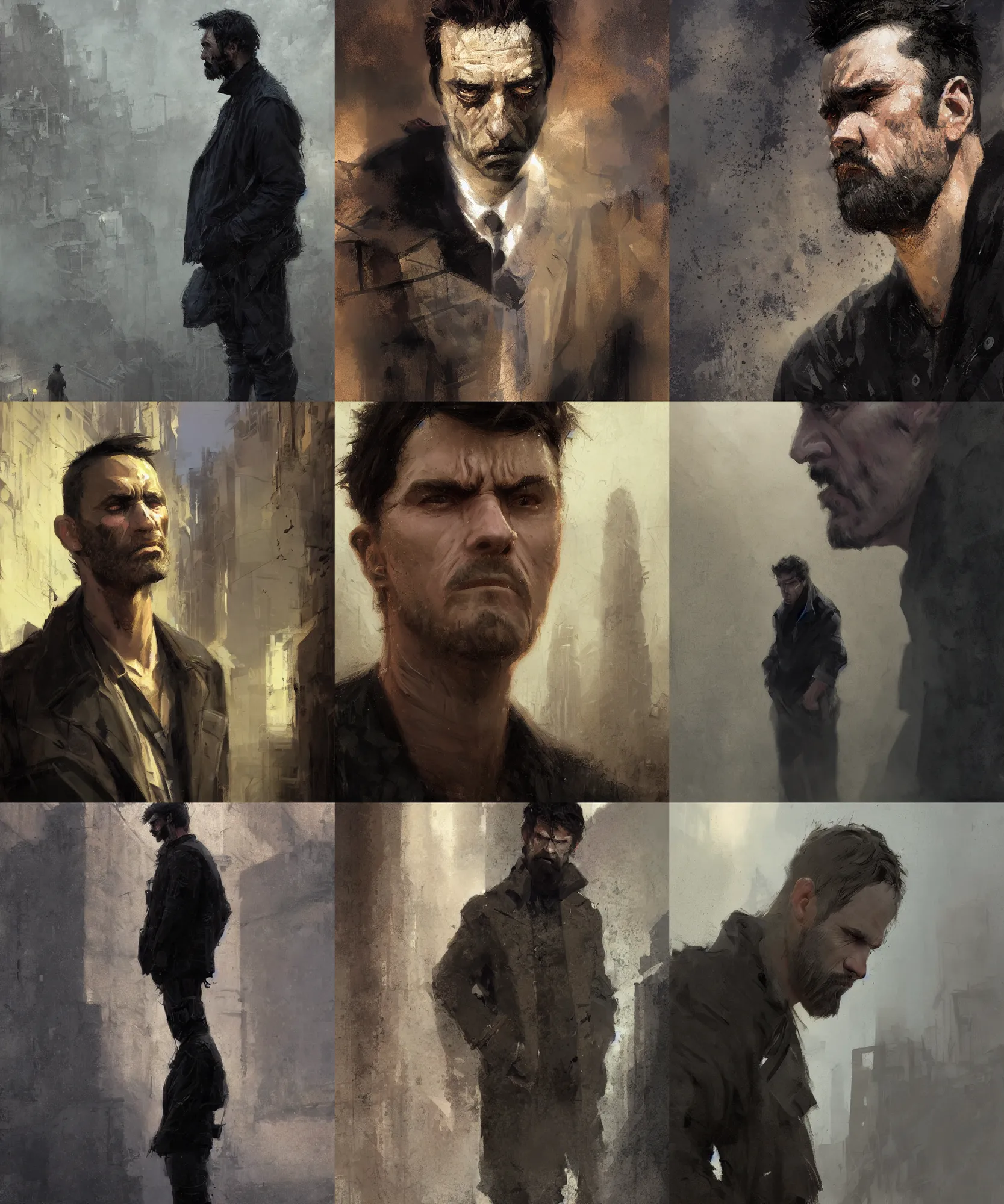 Prompt: digital art painting of a sad depressed looking man, grunt face, wearing a black jacket, standing at the edge of a building painted by craig mullins and gaston bussiere and greg rutkowski, symmetrical face, defined facial features, symmetrical facial features, dramatic lighting, close up