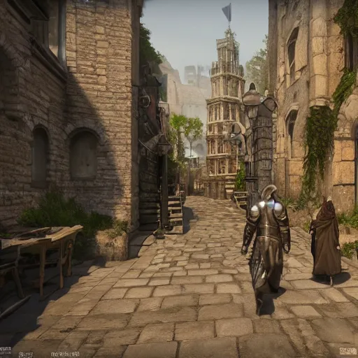 Image similar to detailed medieval fantasy streets with people walking around, unreal engine 5 rendered, incredibly highly detailed and realistic, 8 k, sharp focus, studio quality