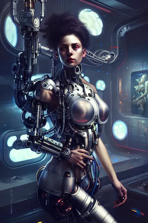 Image similar to ultra realistic, beautiful female cyborg in a crowded smoky cyberpunk club in space megalopolis, sci - fi, intricate details, eerie, highly detailed, octane render, 8 k, art by artgerm and alphonse mucha and greg rutkowski