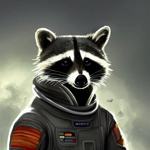 Prompt: a portrait of a raccoon wearing a space suit, D&D, sci-fi, elegant, hopeful, muscular, highly detailed, digital painting, artstation, concept art, smooth, sharp focus, illustration