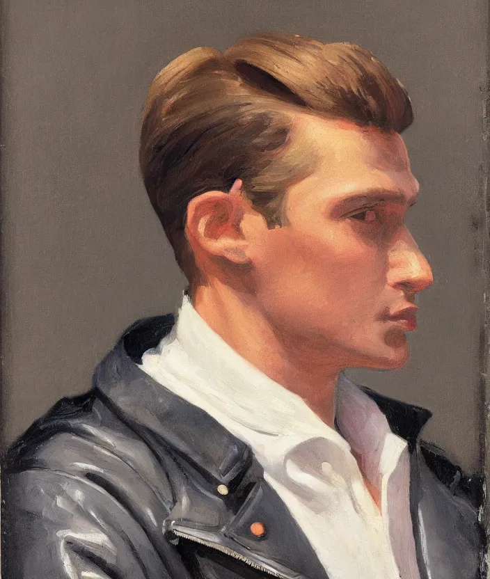 Image similar to a very detailed portrait of a man, wearing an 8 0 s leather jacket with big shoulder pads, very aesthetic leather jacket, detailed leather jacket, front view, in the style of edward hopper and oswald hornby joseph birley and susan ryder, very small brushstrokes, 4 k,